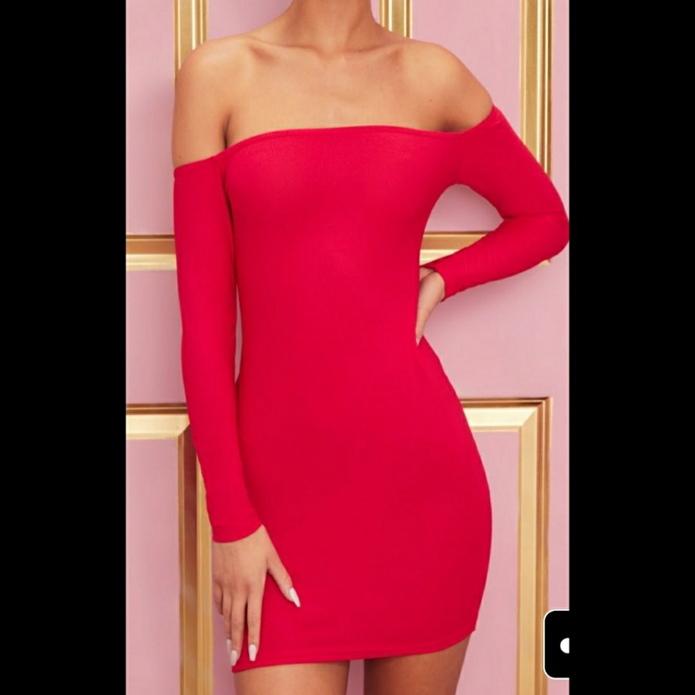PrettyLittleThing Red Off The Shoulder Mini Dress